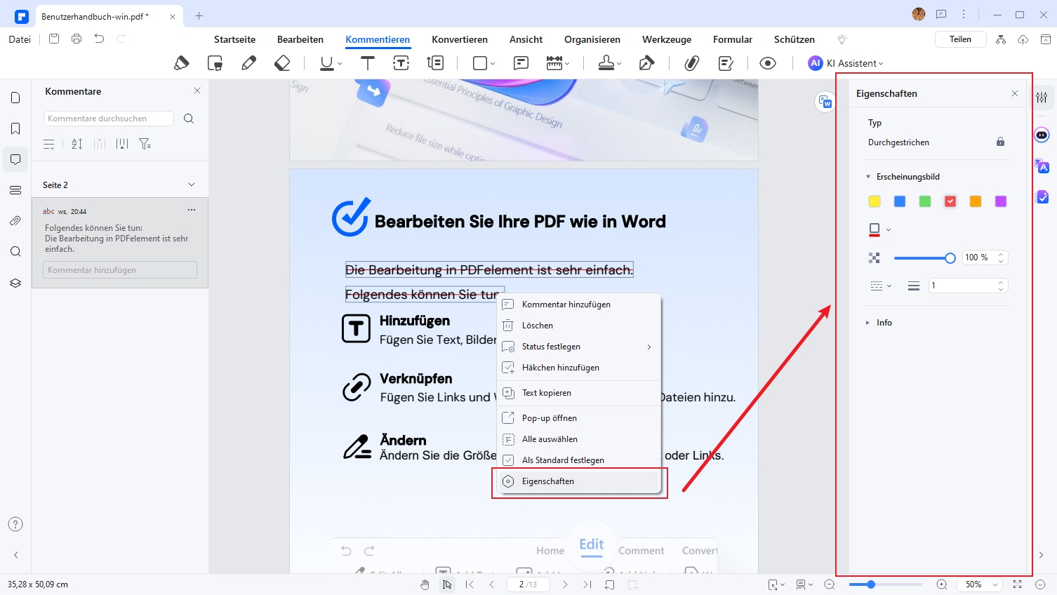 Durch einen Doppelklick auf das durchgestrichene Symbol können Sie die Eigenschaften aufrufen. Dazu gehören die Art der Bearbeitung, die Informationen des Dokuments und das Erscheinungsbild des Durchstreichens in einer von Ihnen gewünschten Farbe.