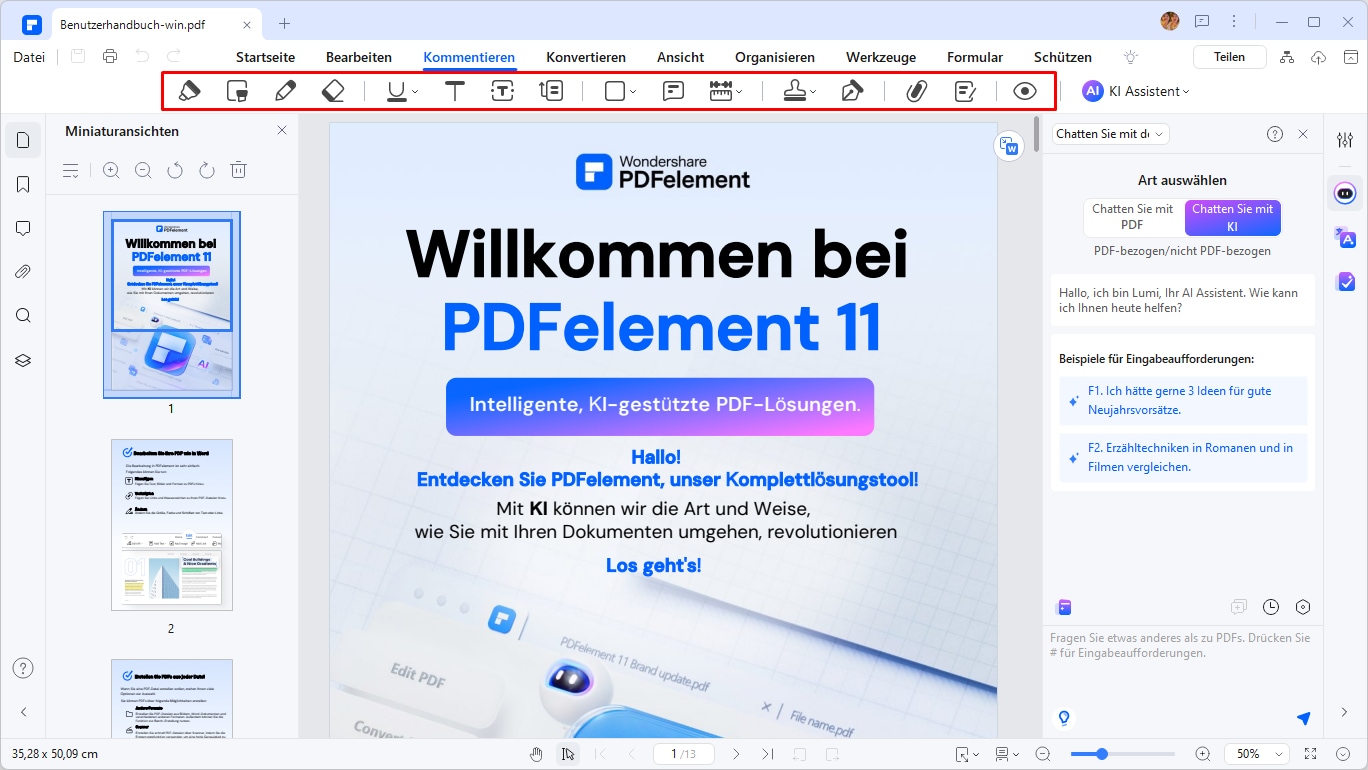 Sie können mit PDFelement Ihre PDF-Datei kommentieren.