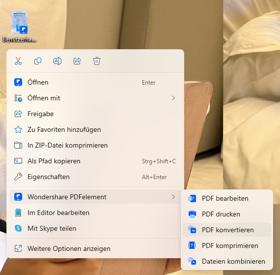 Klicken Sie lokal auf Ihre PDF-Datei und wählen Sie im Menü mit der rechten Maustaste „Konvertieren“ aus.