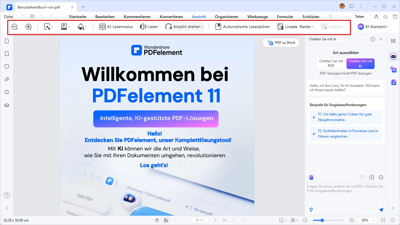 Sobald die PDF-Datei geöffnet ist, können Sie die verschiedenen Funktionen von PDFelement nutzen, um die PDF-Datei zu lesen. Sie können Seiten anzeigen, zoomen, Text markieren, Anmerkungen hinzufügen und Formulare ausfüllen.