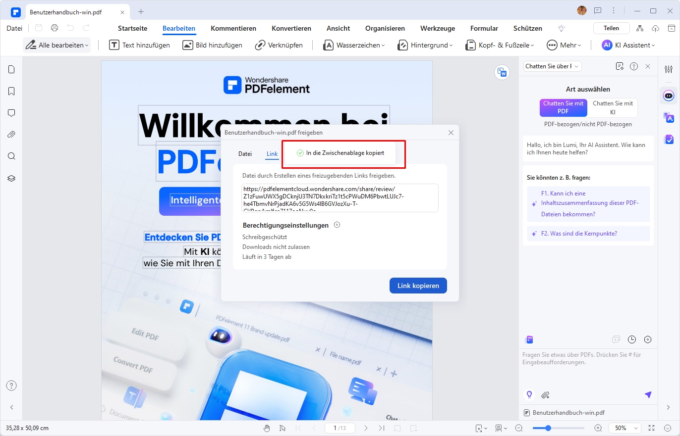 Dann können Sie Ihr PDF in PDFelement Cloud speichern und PDFelement erstellt automatisch einen Link für Ihr PDF.