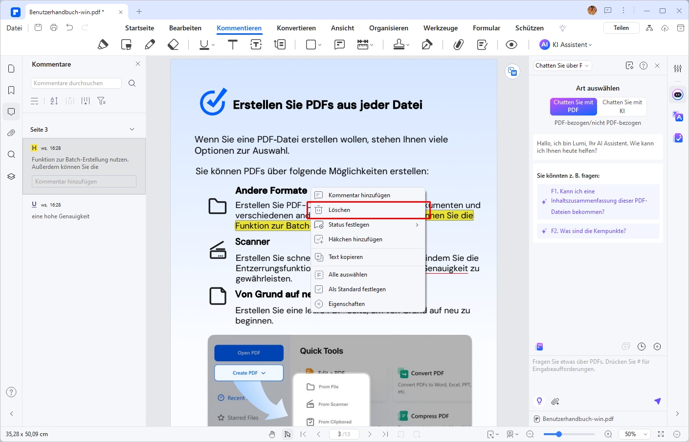 Gehen Sie zur Registerkarte „Kommentieren“ und suchen Sie die Markierung in Ihrem PDF. Bewegen Sie den Cursor über den hervorgehobenen Text. Klicken Sie mit der rechten Maustaste, um das Menü zu öffnen. Klicken Sie auf Löschen, um die Markierung zu entfernen. Oder klicken Sie auf die Markierung und klicken Sie direkt auf die Entf-Taste auf der Tastatur, um die Markierung zu entfernen.