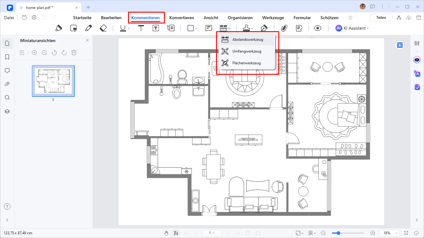 Wenn Sie Ihre PDF-Datei in die Plattform importieren, müssen Sie zum Abschnitt "Kommentar" navigieren, um das "Messen" Tool zu öffnen. Wählen Sie das Tool "Messen" aus der Toolleiste, welche sich oben öffnet. Es erscheint ein Dropdown Menü auf dem Bildschirm mit einer Auswahl an unterschiedlichen Optionen.