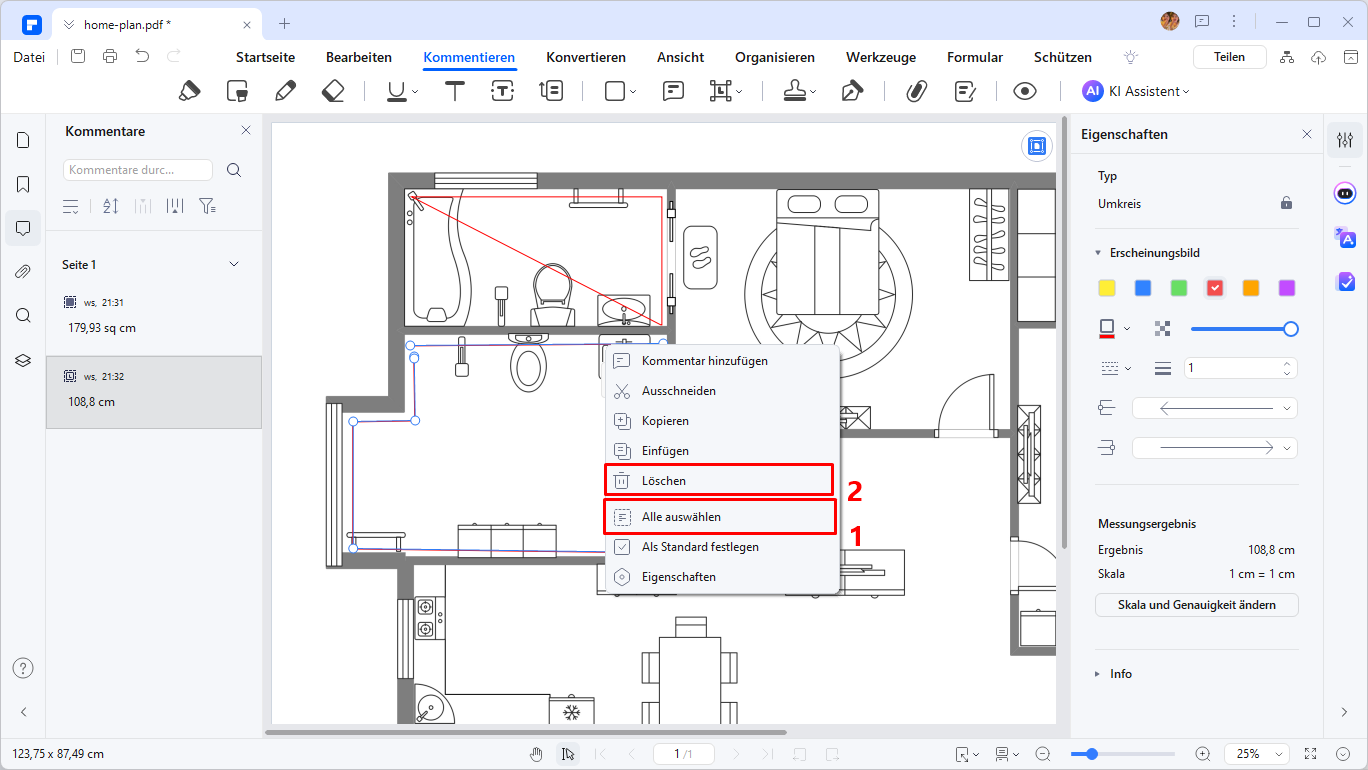 Umgekehrt kann der Benutzer auch alle Messungen auf einer PDF-Seite löschen, indem er "Alle auswählen" über einen Rechtsklick auf die Datei und dann "Löschen" über das entsprechende Dropdown-Menü wählt.