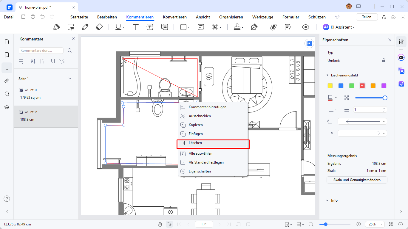 Wenn Sie eine einzelne Messlinie im Diagramm in der PDF-Datei löschen möchten, klicken Sie mit der rechten Maustaste auf die Messung und wählen Sie "Löschen".