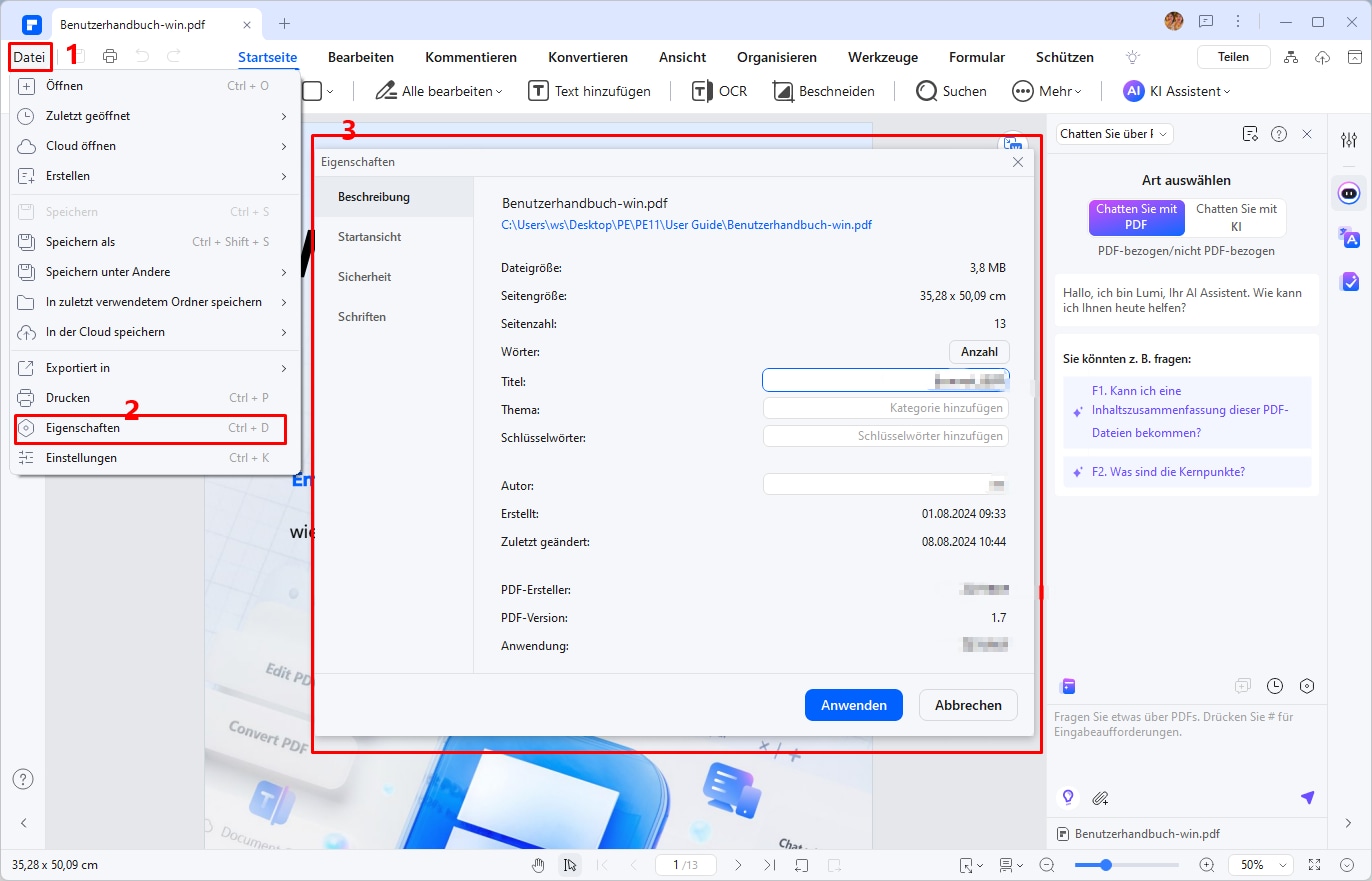 Um Metadaten in PDF zu bearbeiten oder zu entfernen, wählen Sie die Informationen aus, die Sie entfernen möchten.