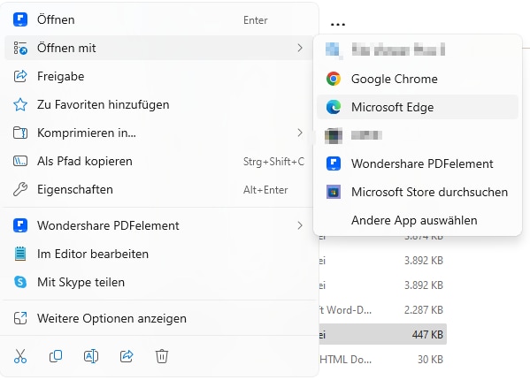 Klicken Sie mit der rechten Maustaste auf die PDF-Datei, die Sie signieren möchten. Klicken Sie anschließend auf "Öffnen mit" und wählen Sie Microsoft Edge. 