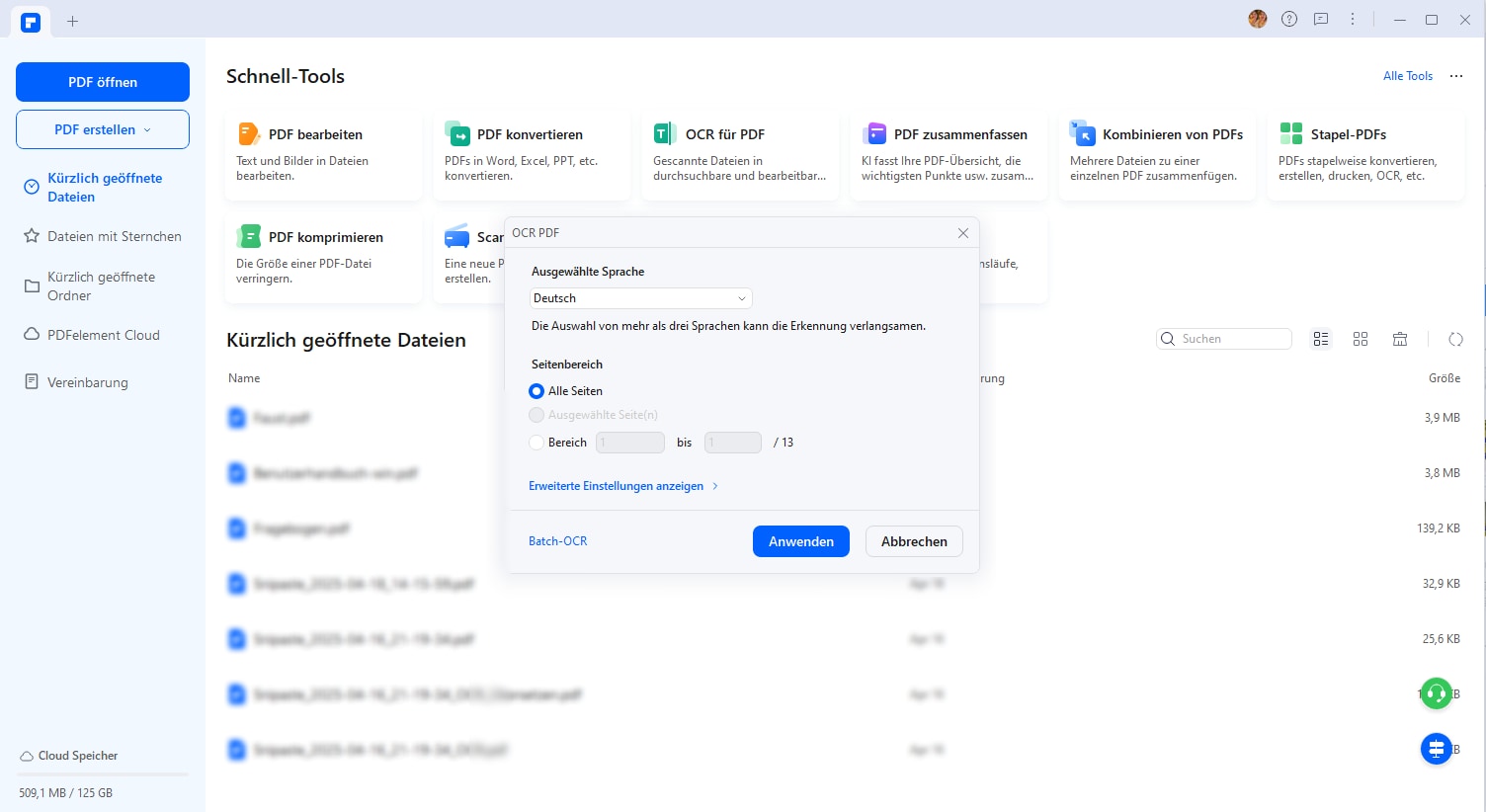 Wählen Sie aus über 30 verfügbaren Sprachen und passen Sie Seitenbereich und dpi-Wert Ihren Anforderungen an. Behalten Sie die Option „Bearbeitbarer Text“ als Typ bei. Klicken Sie nach Bestätigung der Einstellungen auf „Anwenden“, um die Aufgabe zu starten.