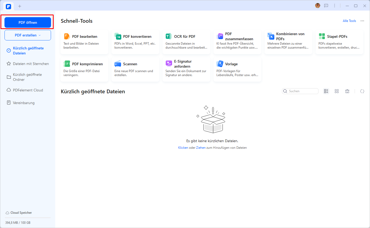 Wenn Sie PDFelement auf Ihrem Computer installiert haben, tippen Sie auf das PDFelement-Symbol, um es zu starten. Klicken Sie auf dem Startbildschirm auf die Schaltfläche "PDF öffnen", und Sie werden zum Datei-Explorer-Fenster weitergeleitet.