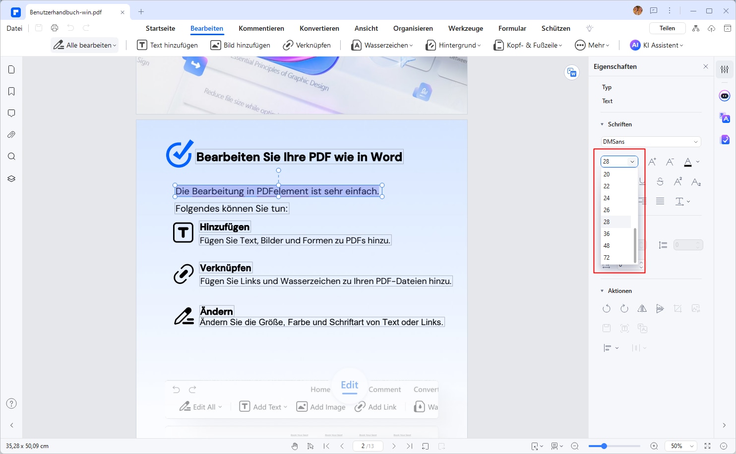 Die Schriftgröße kann durch einfaches Anklicken des "+"- oder "-"-Symbols im Bereich "Eigenschaften", der im rechten Toolfenster angezeigt wird, geändert werden. Die PDF-Schriftgröße kann auch durch Auswahl der Größe aus den Dropdown-Optionen geändert werden. Wie Sie sehen können, gibt es mehrere Schriftgrößen zur Auswahl.