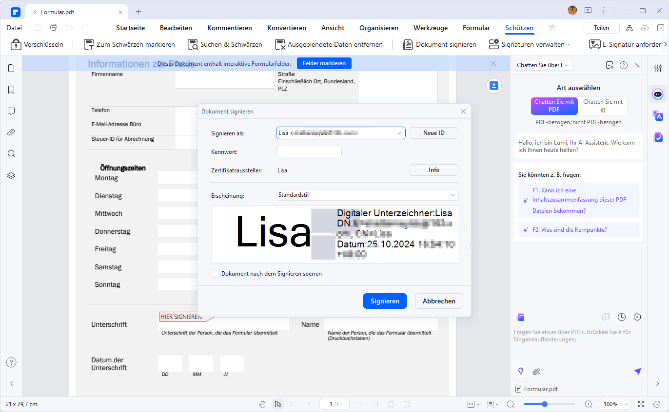 Nachdem Sie Ihre PDF-Datei in PDFelement geladen haben, klicken Sie auf die Schaltfläche „Schützen“ > „Dokument signieren“, um der Datei eine digitale Signatur hinzuzufügen. 