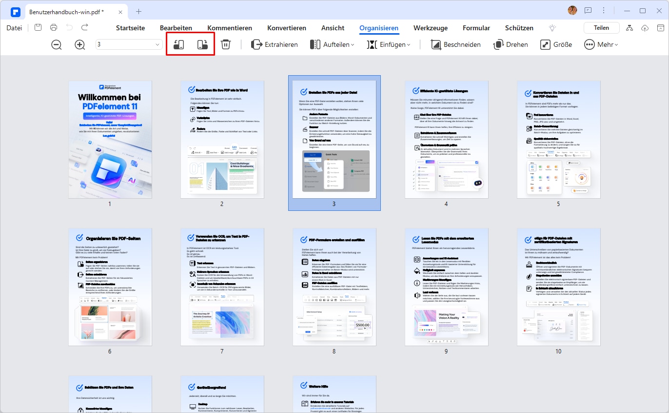 Verwenden Sie die Schaltfläche "Nach links drehen" oder "Nach rechts drehen", um die Seiten Ihrer PDF-Datei beim Drucken entweder im oder gegen den Uhrzeigersinn zu spiegeln. Damit können Sie pdf speigelverkehrt drucken.