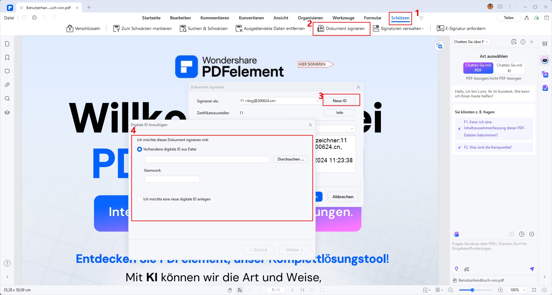 Im Fenster Dokument signieren finden Sie ein Dropdown-Menü, in dem Sie eine digitale Signatur auswählen können, die Sie zuvor erstellt haben. Wenn Sie noch keine haben, klicken Sie auf die Schaltfläche Neue ID.