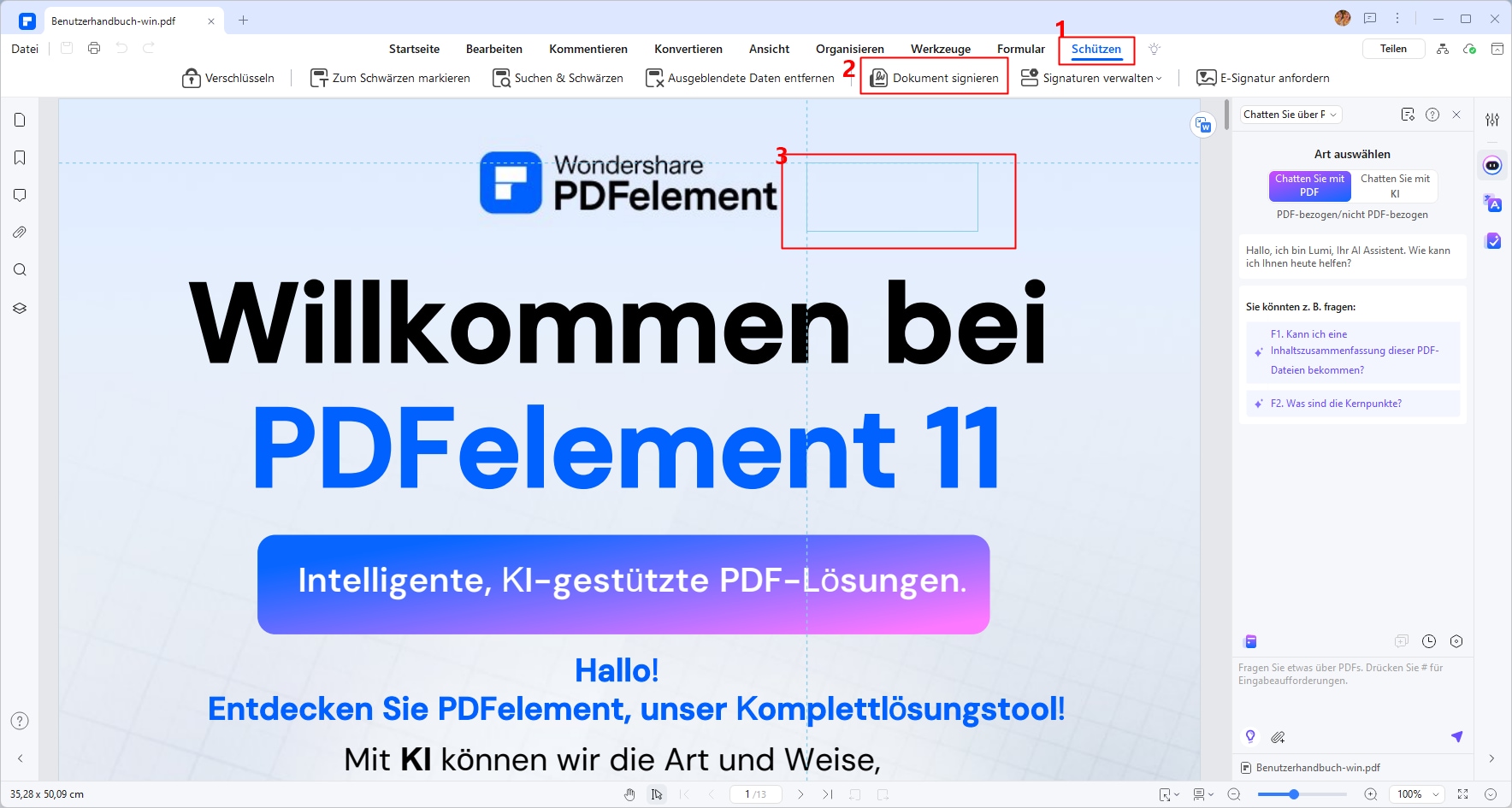 Sobald Sie das Dokument, das Sie mit PDFelement signieren möchten, geöffnet haben, gehen Sie zum Abschnitt Schützen, klicken Sie auf die Schaltfläche Dokument signieren und klicken Sie auf die Stelle, an der Sie die Signatur setzen möchten.