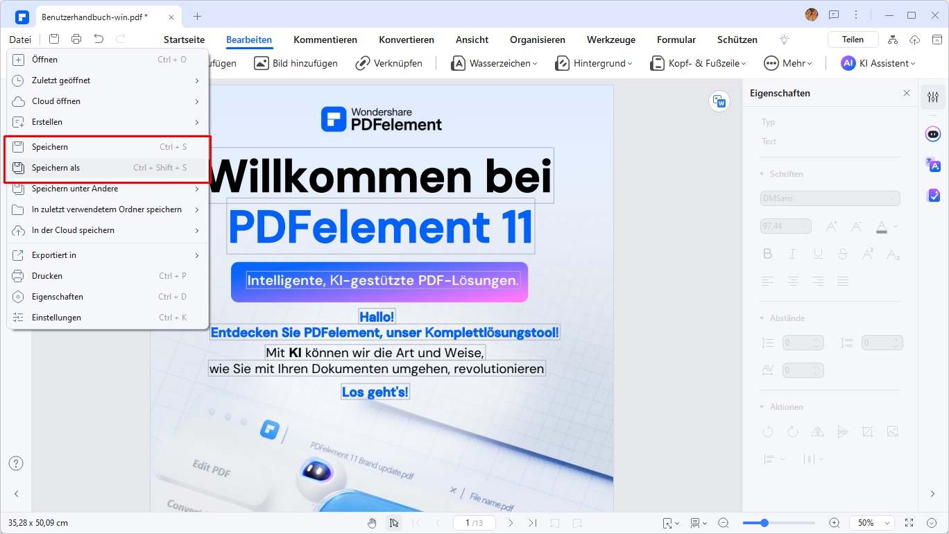 Die erstellte PDF-Datei wird direkt in PDFelement geöffnet. Sie müssen nur auf "Speichern als" auf der Registerkarte "Datei" klicken, um sie auf Ihrem Computer zu speichern. Dieser Microsoft Office Word-zu-PDF-Konverter funktioniert für alle Word-Versionen von 2003 bis 2016.