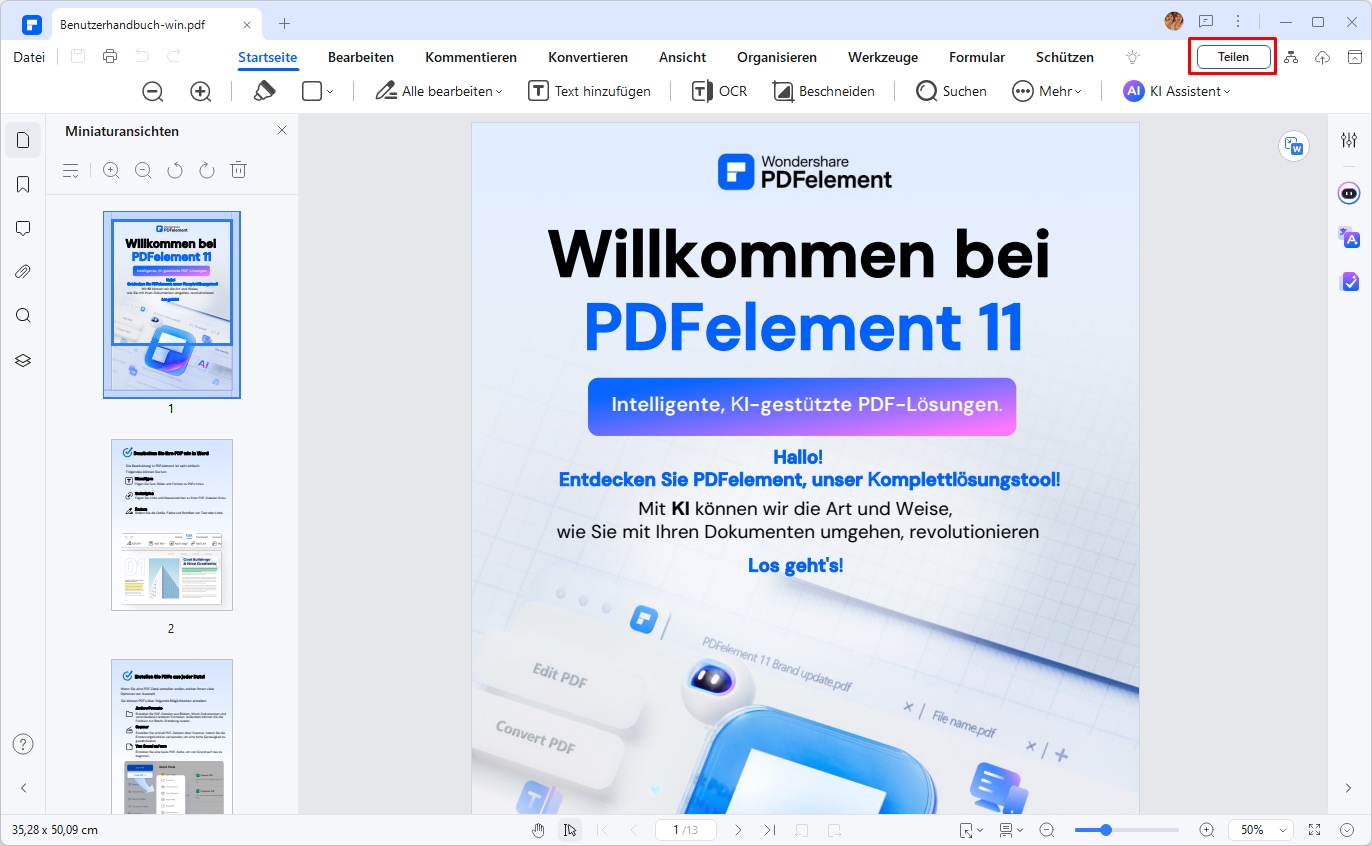 Klicken Sie oben rechts auf die Schaltfläche „Teilen“ und erstellen Sie einen URL-Link für die PDF-Datei.