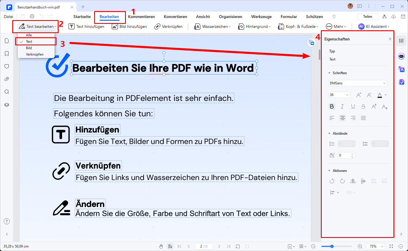 Klicken Sie auf das Tab „Bearbeiten“, um die Bearbeitungsoptionen anzuzeigen. Um Text zu verändern, klicken Sie auf den „Bearbeiten“ Button und klicken anschließend doppelt auf einen Text, um diesen zu ändern. Ebenso können Sie Bilder auf einfache Weise ändern.