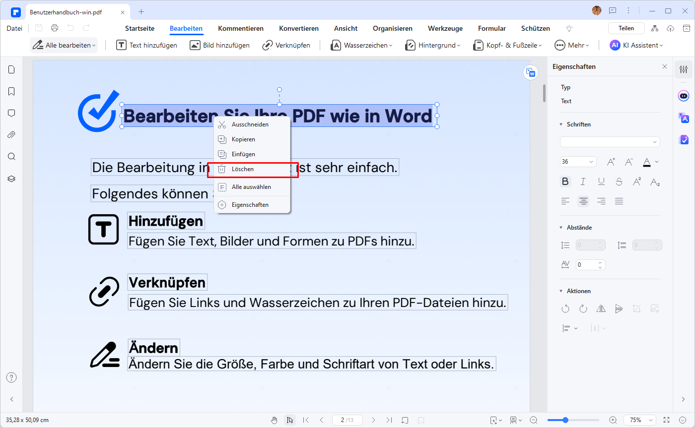 Klicken Sie auf die Schaltfläche "Bearbeiten" und wählen Sie den Text, den Sie löschen möchten. Schließlich klicken Sie die Maus rechts und dann klicken Sie auf den Knopf "Löschen", um diesen Text zu entfernen. 