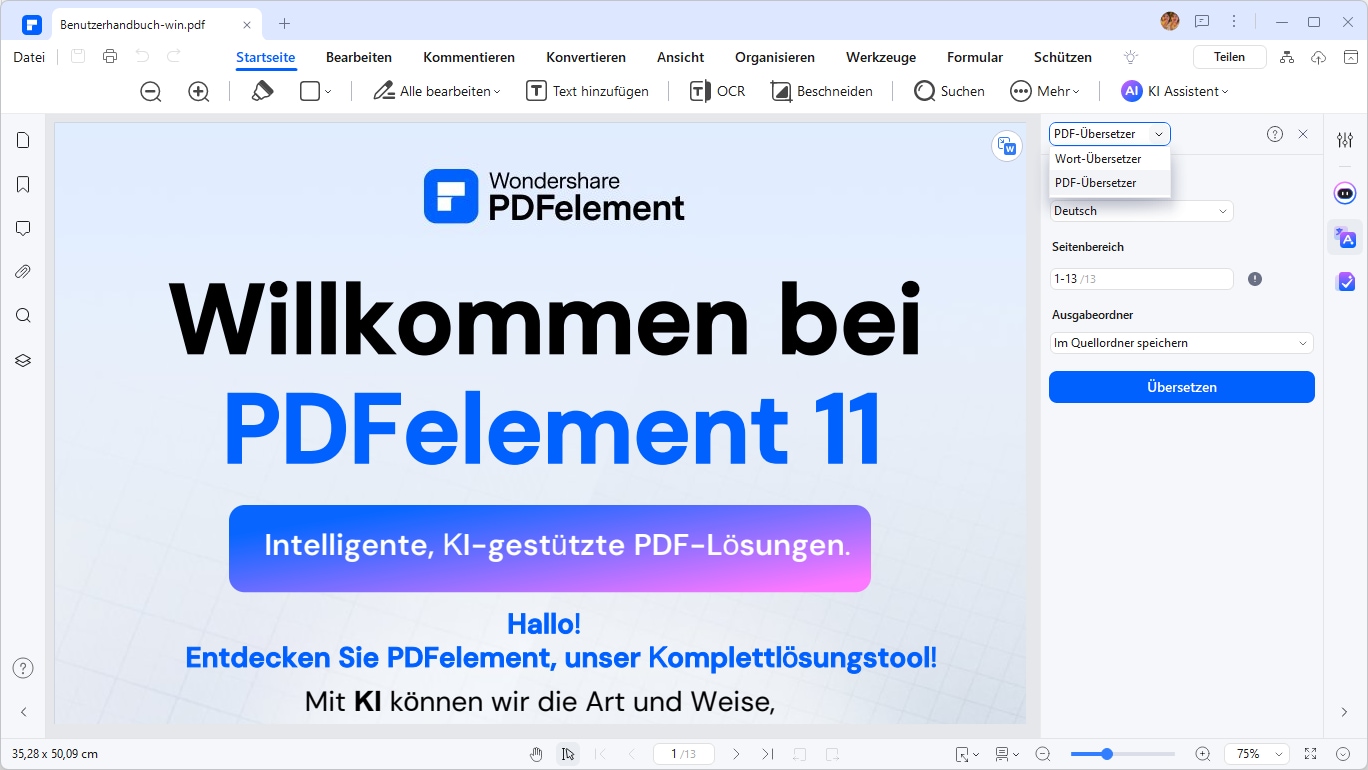 Wählen Sie dann in der Seitenleiste Übersetzen die gewünschte Sprache aus und klicken Sie auf die Schaltfläche Übersetzen. Der Text wird dann in die Zielsprache übersetzt. PDFelement unterstützt die Übersetzung in über 100 Sprachen.