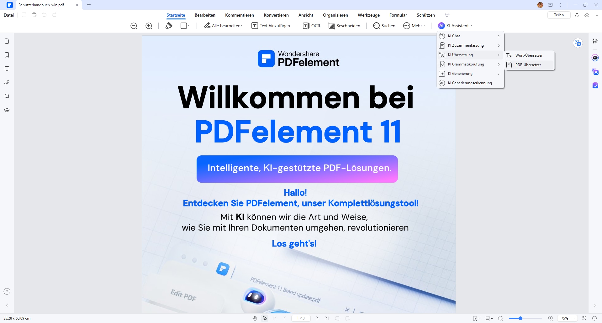 Jetzt sollte die gescannte PDF-Datei nach der OCR bearbeitbar sein. Wählen Sie den Text aus, und wenn eine schwebende Leiste erscheint, klicken Sie auf die Schaltfläche Übersetzen.