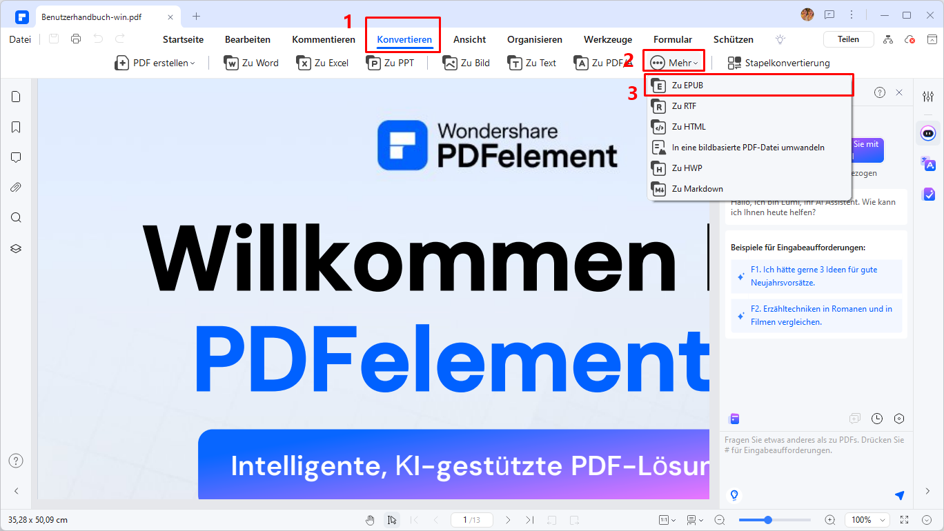 Öffnen Sie EPUB-Dateien direkt und konvertieren Sie sie bei Bedarf in PDF.