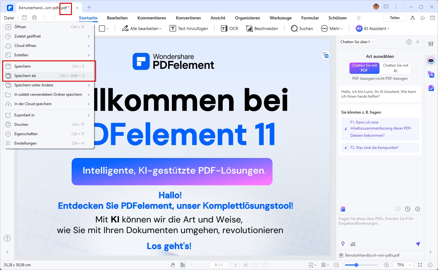 Sie werden feststellen, dass die Datei in das PDF-Format konvertiert wurde. Klicken Sie oben links auf „Datei“ > „Speichern“.