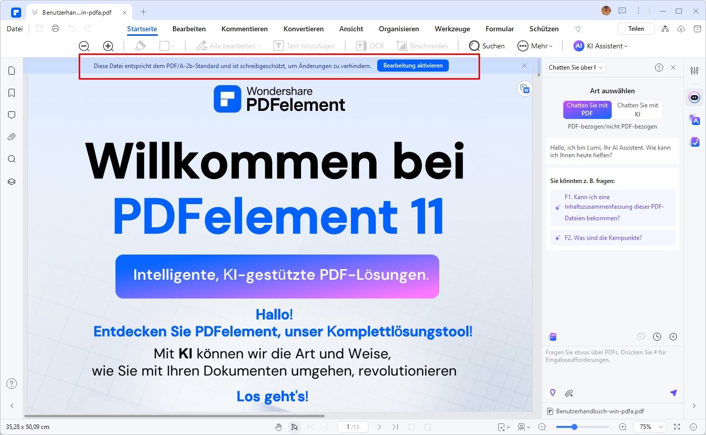 Die Überprüfung des PDF/A-Konvertierungsprozesses war erfolgreich. Öffnen Sie das neu erstellte Dokument mit PDFelement. Sie werden einen blauen Balken oben im Dokument bemerken. Dies zeigt, dass das Dokument PDF/A-konform ist. 