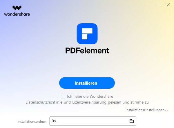Zuerst sollen Sie PDFelement-Anwendung installieren, damit können Sie Ihren PDF Passwort entfernen, wenn Sie Ihren PDF Passwort vergessen.