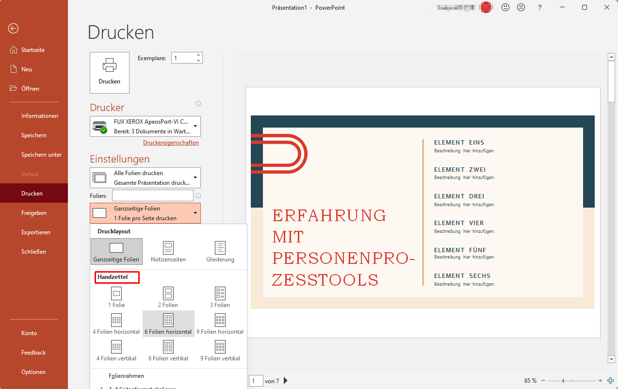 Wählen Sie unter Einstellungen die Option "Ganzseitige Folien" und fahren Sie mit der Auswahl des Drucklayouts fort. Wählen Sie unter "Handouts" die Anzahl der Folien pro Seite, entweder im Hoch- oder Querformat. Sie variieren von 1 Folie pro Seite bis 9 Folien pro Seite. Allerdings müssen Sie die Anzahl der Folien so wählen, dass sie leicht zu lesen sind.