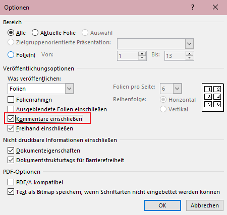 Wählen Sie im Dropdown-Menü die "Kommentare einschließen" und klicken Sie dann auf "OK".