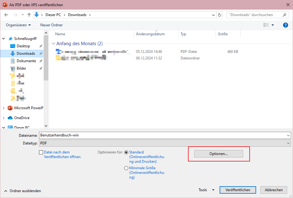 Wählen Sie "Optionen" im Dialogfeld "Als PDF oder XPS veröffentlichen". 
