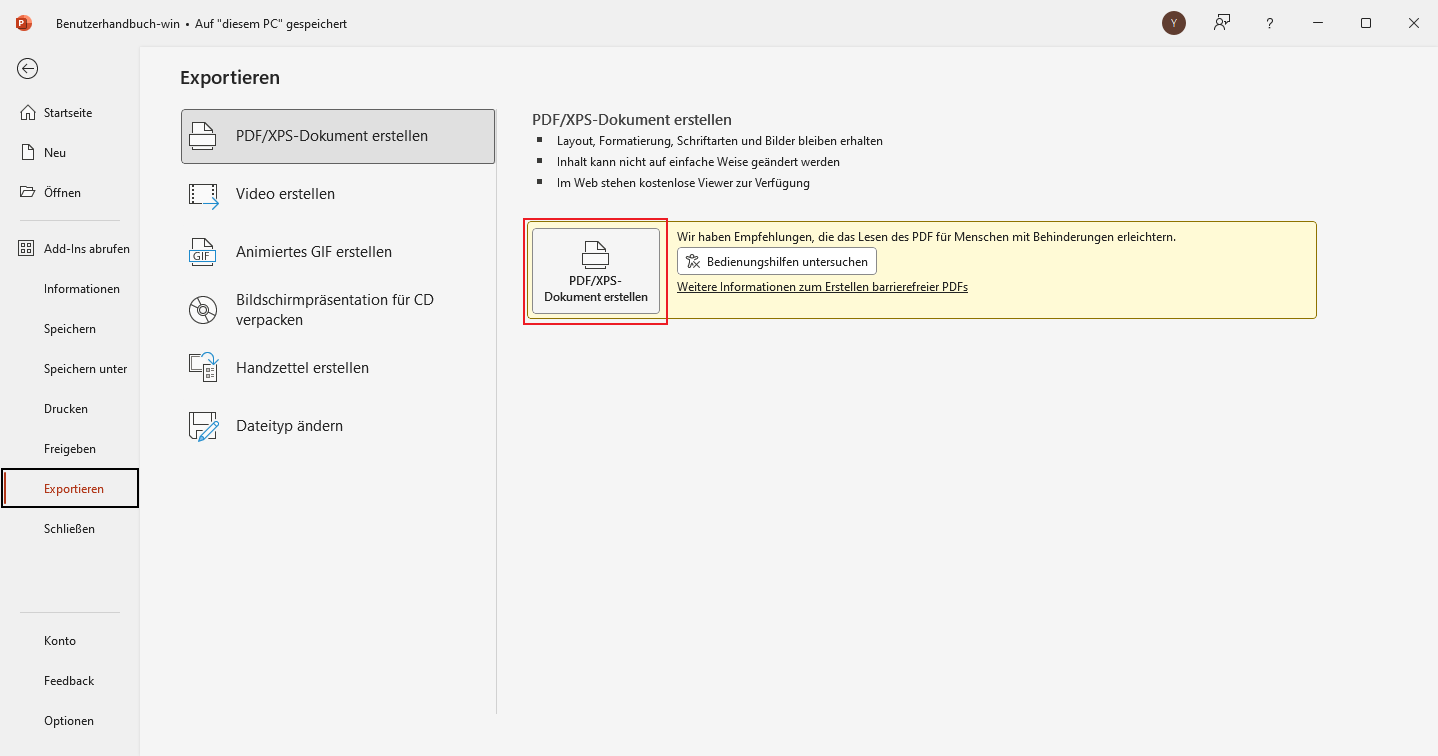 Tippen Sie auf die Schaltfläche "Datei" und dann auf das Symbol "Exportieren". In dem sich öffnenden Fenster wählen Sie die Option "PDF/XPS-Dokument erstellen" und klicken dann auf die Schaltfläche "PDF/XPS erstellen".