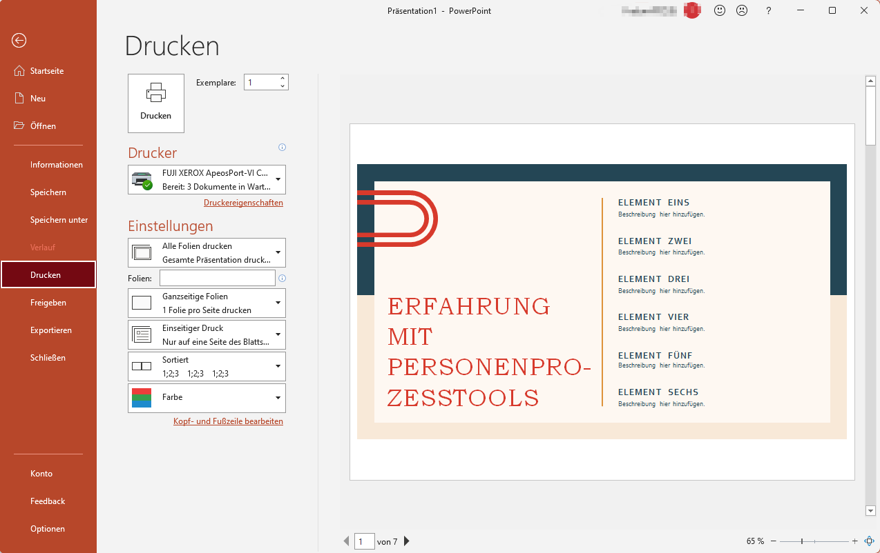 Starten Sie das Präsentationsdokument und wählen Sie die Registerkarte "Datei" > "Drucken". Alternativ können Sie auch das Tastaturkürzel verwenden und "Strg+P" drücken, um das Druckfenster zu öffnen.