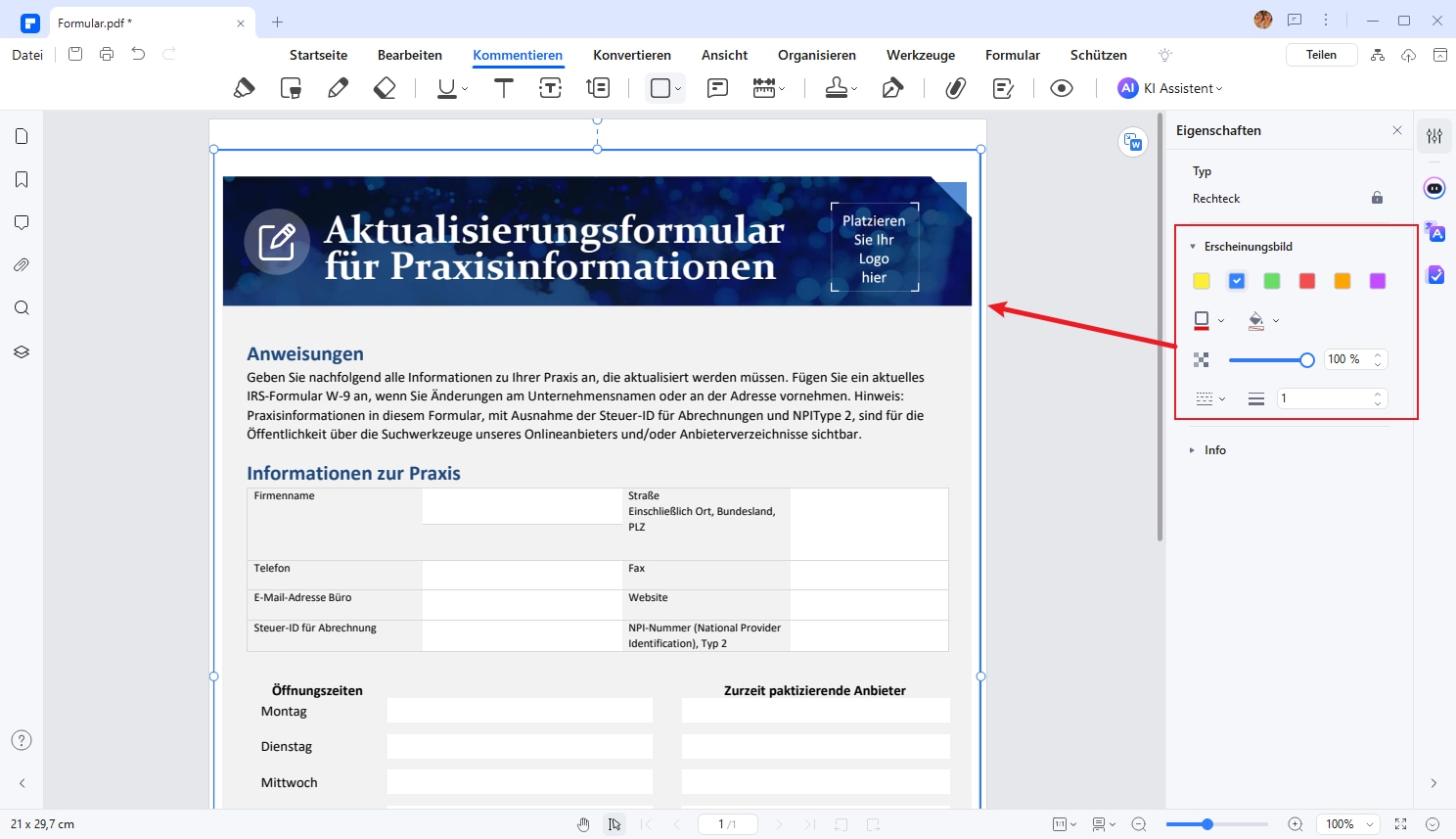 Sie können auch den Stil des Rechtecks ändern, indem Sie mit der rechten Maustaste auf das Rechteck klicken und die Option "Eigenschaften" wählen. Dann können Sie das Aussehen des Rahmens ändern.