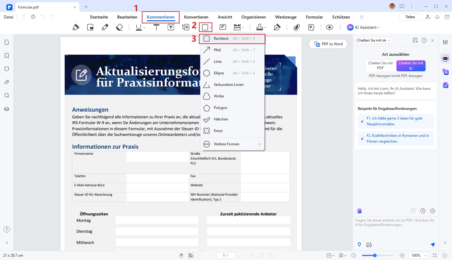 Um einen Rand in PDF einzufügen, müssen Sie auf die Registerkarte "Kommentieren" gehen und die Option "Rechteck" wählen. Dann können Sie ein Rechteck um die Seite ziehen.