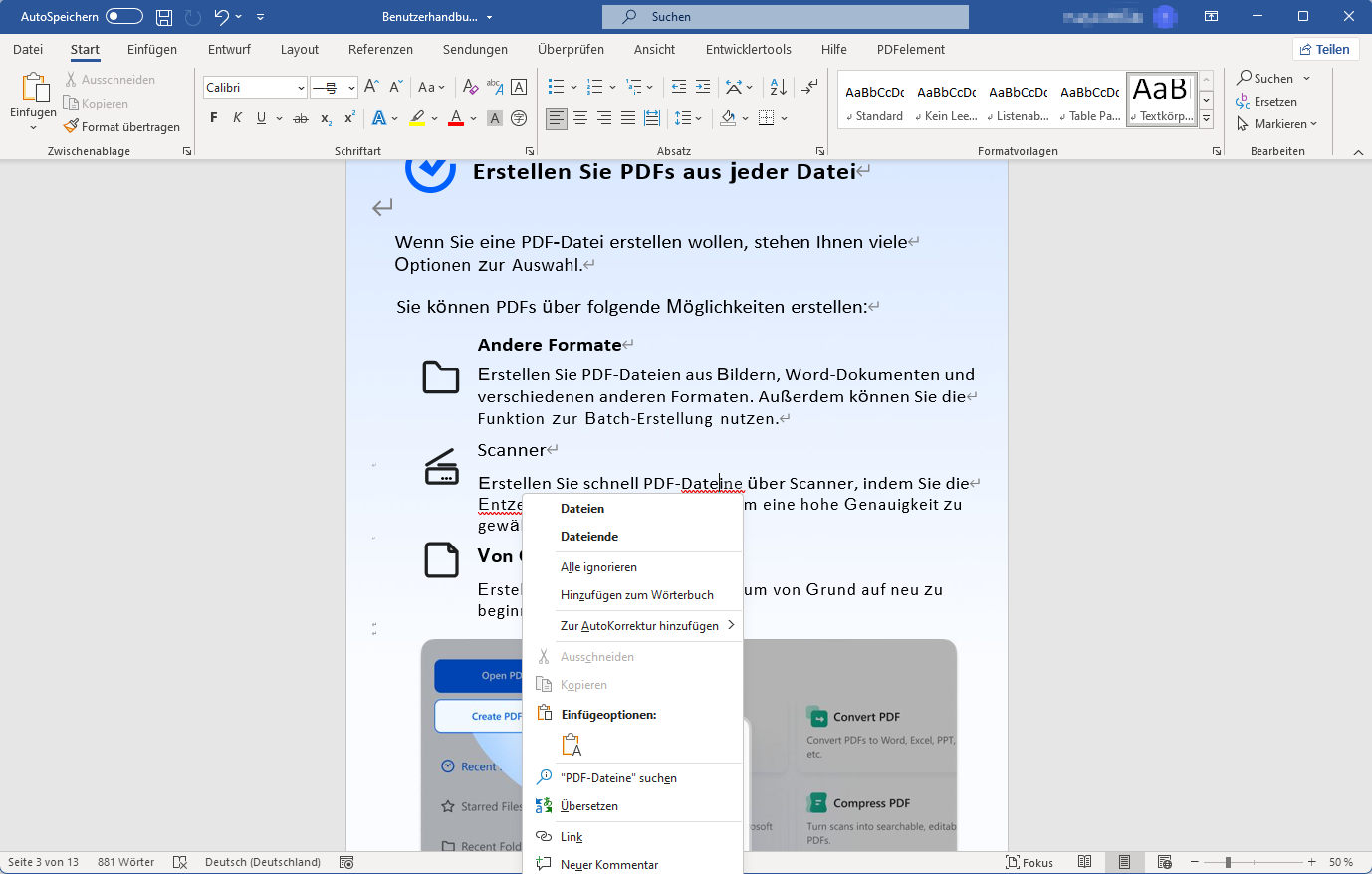 Nach dem Festlegen der Prüfsprache markiert Microsoft Word Sätze oder Wörter mit Rechtschreib- oder Grammatikfehlern mit einer roten Wellenlinie. Klicken Sie mit der rechten Maustaste, um die Änderungsvorschläge von Microsoft Word anzuzeigen.