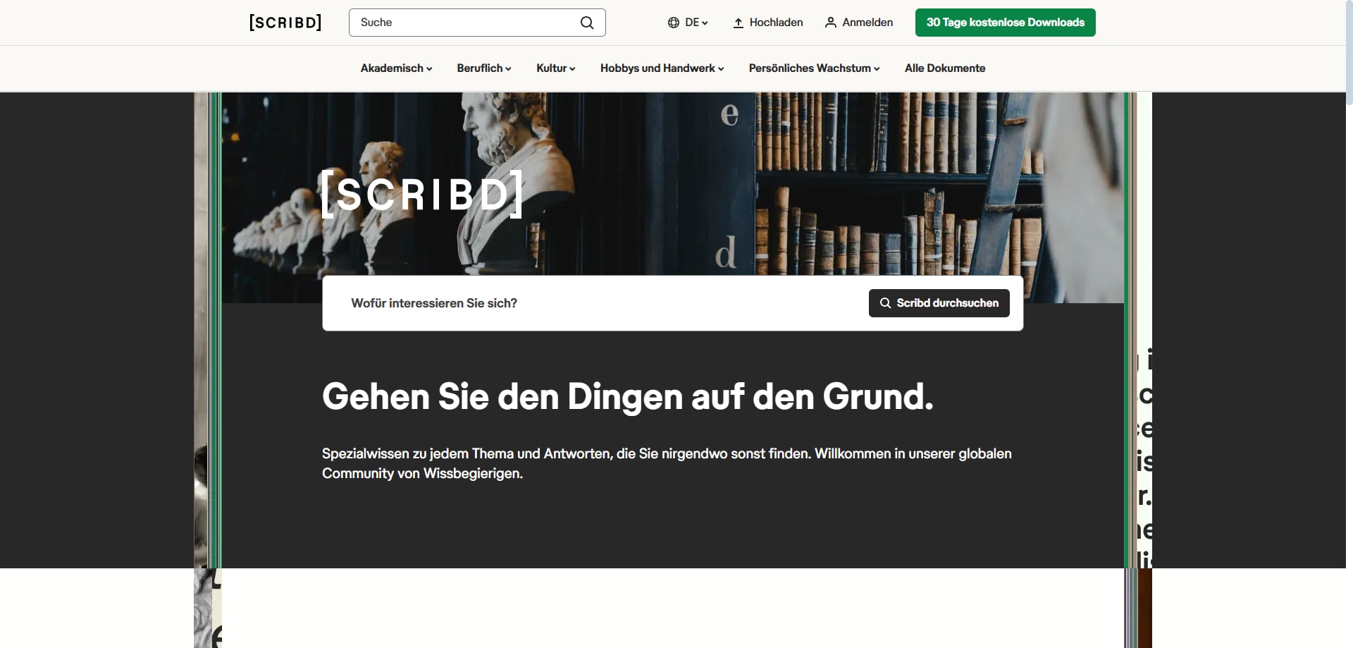 Scribd ist ein kostenpflichtiger Dienst, der eine beeindruckend große Auswahl an Büchern, Artikeln und Hörbüchern bietet.