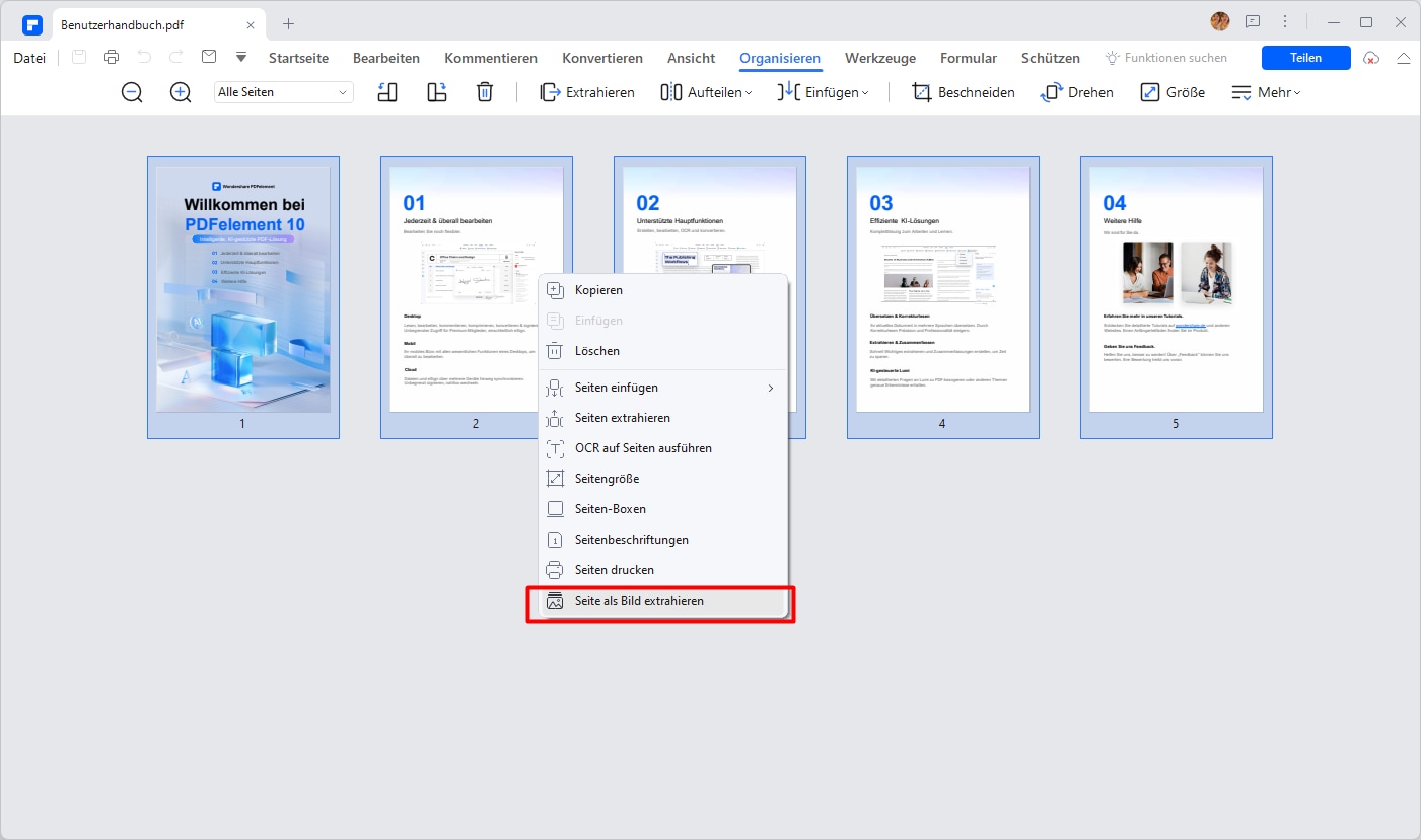 Öffnen Sie Ihr PDF-Dokument. Und gehen Sie zum Menü "Organisieren" und klicken Sie mit der rechten Maustaste auf die Seiten, die Sie kombinieren müssen, und wählen Sie "Seite als Bild extrahieren". Alternativ können Sie mit der rechten Maustaste auf die Seite im Miniaturbereich klicken, um alle Seiten zu einem einzigen Bild anzugließen.