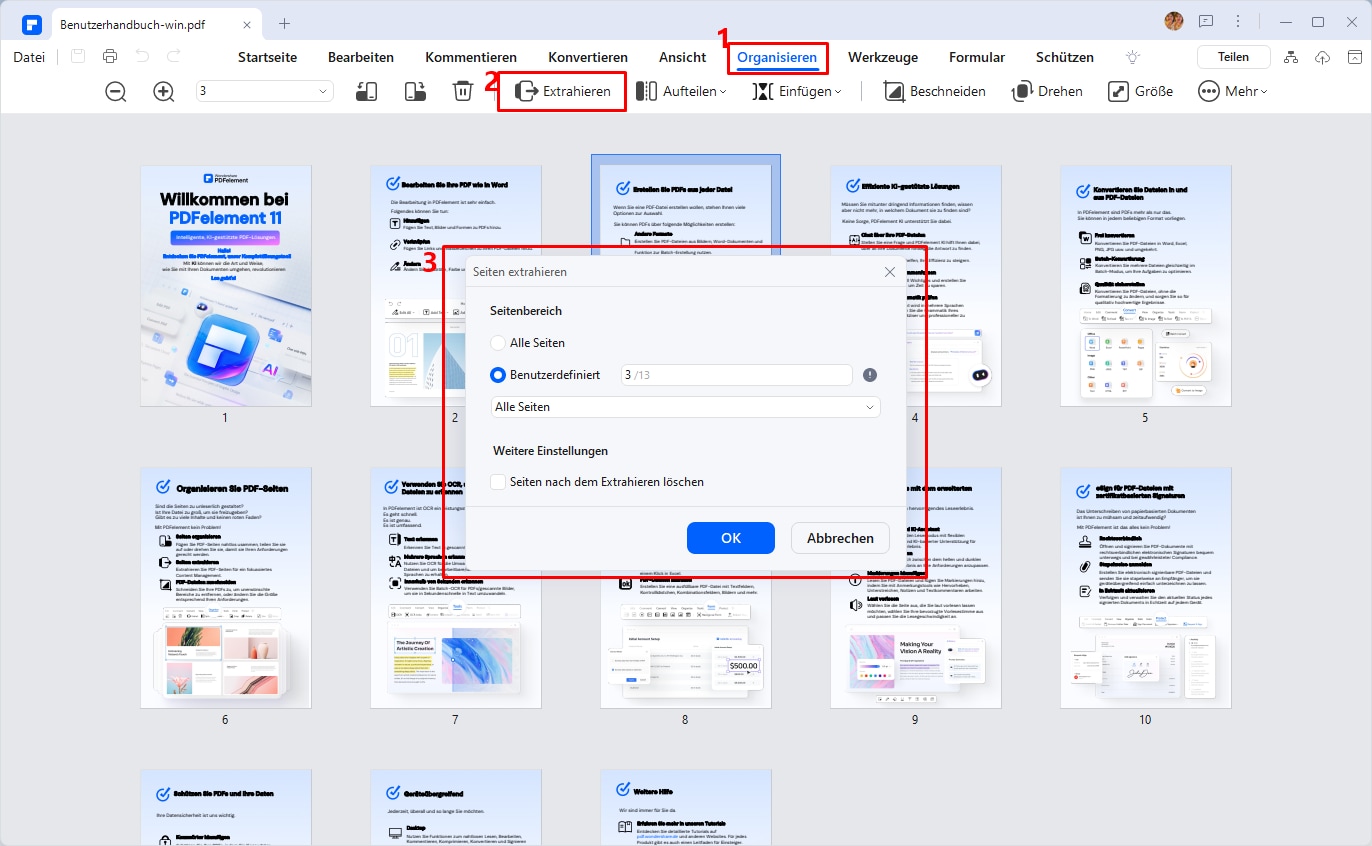 Klicken Sie oben in der Symbolleiste auf die "Organisieren" Option. Klicken Sie nun auf die "Extrahieren" Schaltfläche, die sich unter der Seitenoption befindet. Wenn Sie auf Extrahieren klicken, stehen Ihnen verschiedene Optionen zur Verfügung, darunter aktuelle Seite, ungerade Seiten, gerade Seiten und benutzerdefinierte Bereiche. Wählen Sie daher die Option, die Ihren Extraktionsanforderungen entspricht.