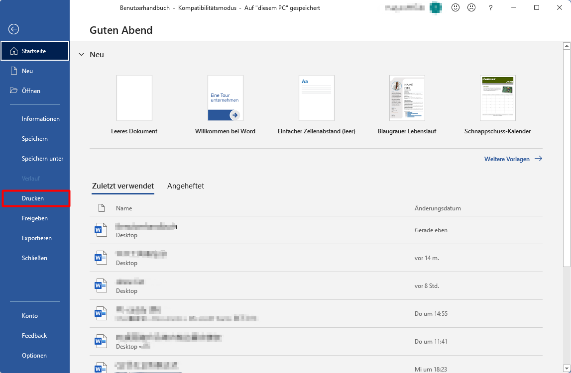 Öffnen Sie Ihr Word-Dokument, aus dem Sie bestimmte Seiten extrahieren möchten. Nachdem Sie die Datei geöffnet haben, drücken Sie "CTRL+P" oder klicken Sie auf "Datei" und dann auf die Registerkarte "Drucken".