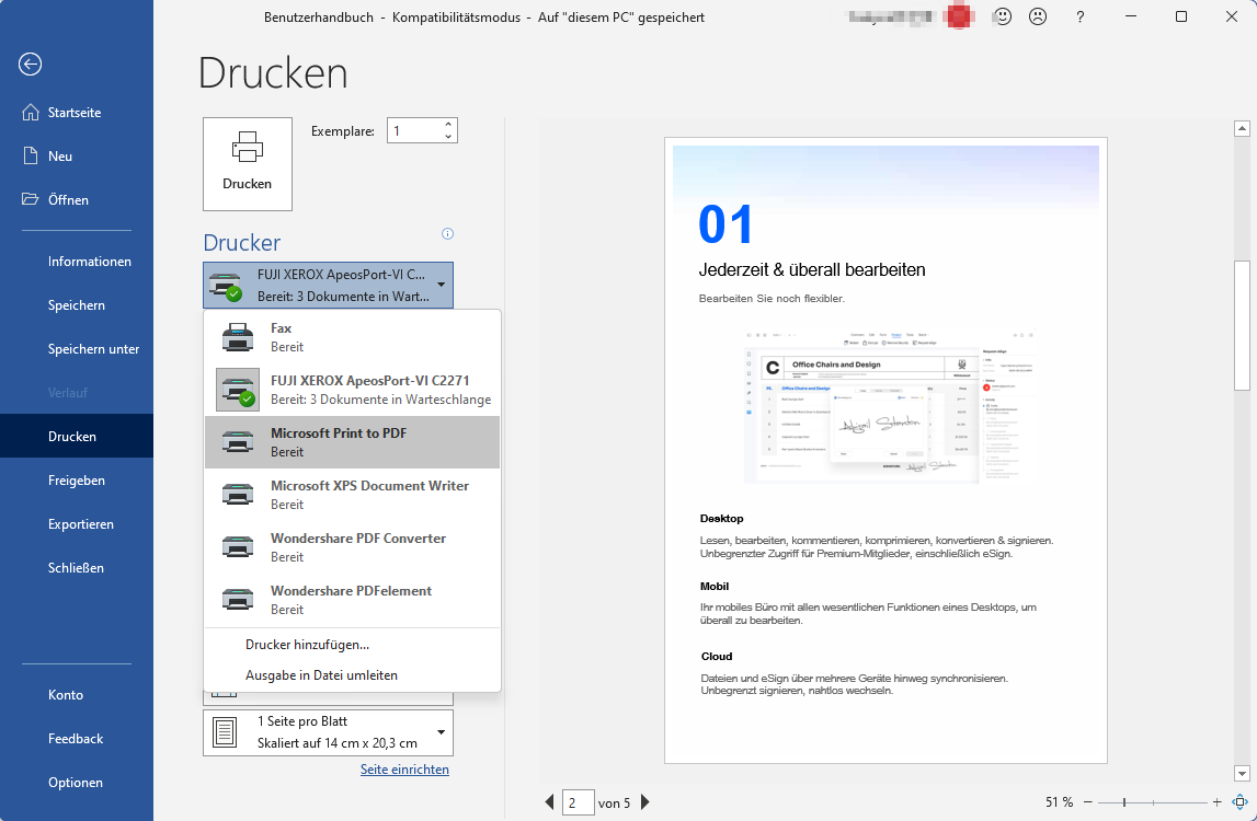 Wenn sich das Druckfenster öffnet, wählen Sie "Microsoft Print to PDF". Nun müssen Sie bestimmte Seiten des Dokuments ausdrucken und dafür gibt es die Optionen "Alle Seiten drucken", "Aktuelle Seite drucken", "Benutzerdefinierter Druck", "Nur ungerade Seiten drucken" oder "Nur gerade Seiten drucken". Gehen Sie zu "Einstellungen", klicken Sie auf "Benutzerdefinierter Druck" und geben Sie Seitenzahlen ein.