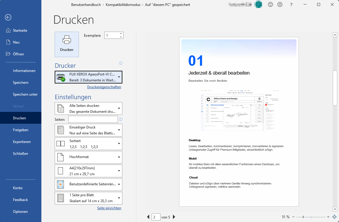 Wenn Sie die Auswahl der Seiten abgeschlossen haben, müssen Sie auf "Drucken" klicken. Ihre PDF-Datei wird ausgedruckt.