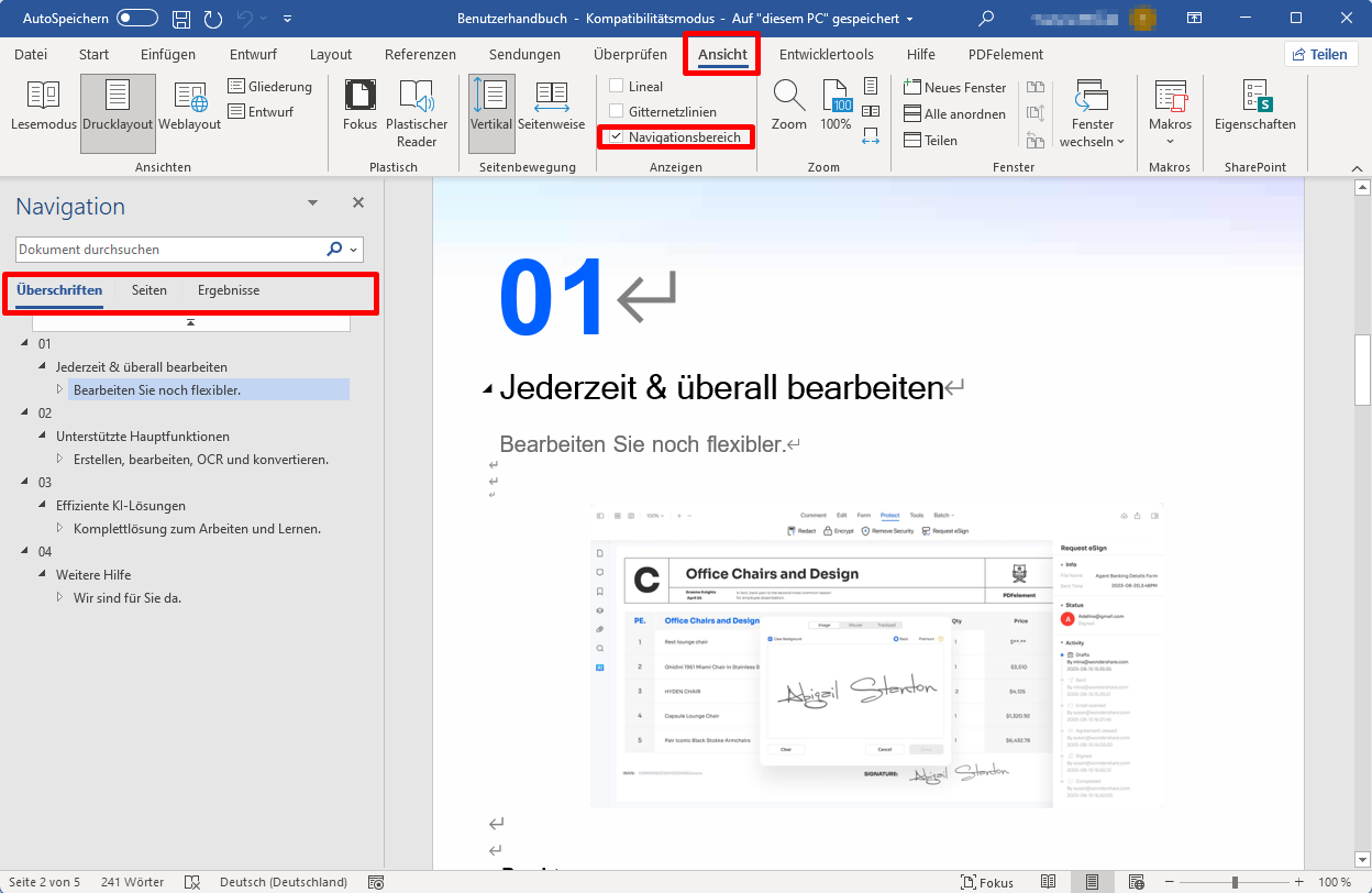 Nachdem Sie das Dokument geöffnet haben, klicken Sie auf die "Ansicht" Registerkarte am oberen Rand des Fensters, um das Kontrollkästchen "Navigationsbereich" zu aktivieren. Wählen Sie im linken Bereich des Dokumentfensters im Abschnitt "Überschriften".