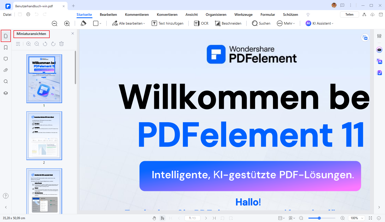 Sie können den Bereich "Miniaturansichten" verwenden, um die Seiten Ihrer PDF-Datei neu anzuordnen. Greifen Sie auf den linken Bereich des Fensters zu und tippen Sie auf das Symbol "Miniaturansichten". Wenn der Abschnitt geöffnet ist, können Sie eine beliebige Seite auswählen und an die gewünschte Position ziehen.