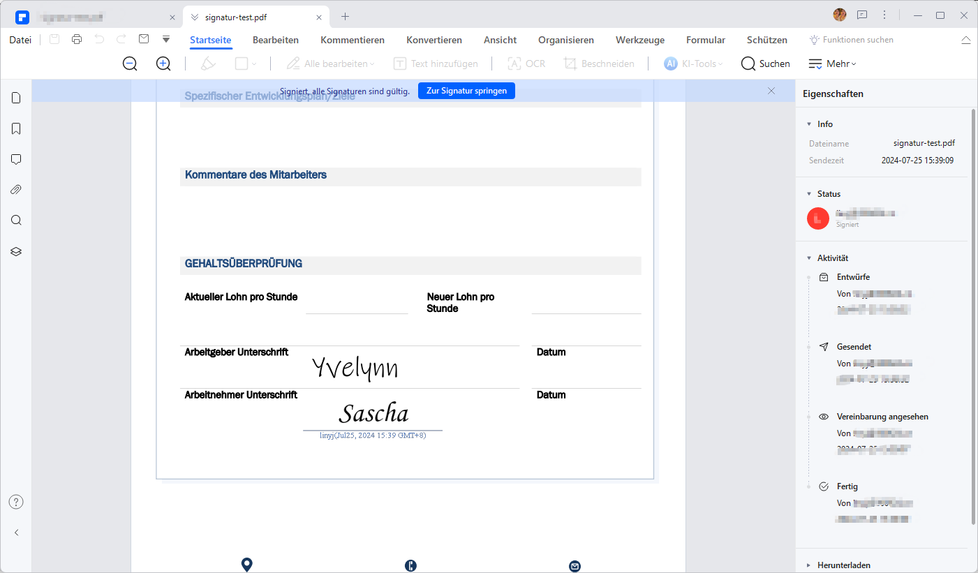 Wondershare PDFelement ist ein führendes Tool zum Erstellen und Signieren digitaler Dokumente. Damit können Sie PDFs ganz einfach mit rechtsgültigen elektronischen Signaturen versehen. 