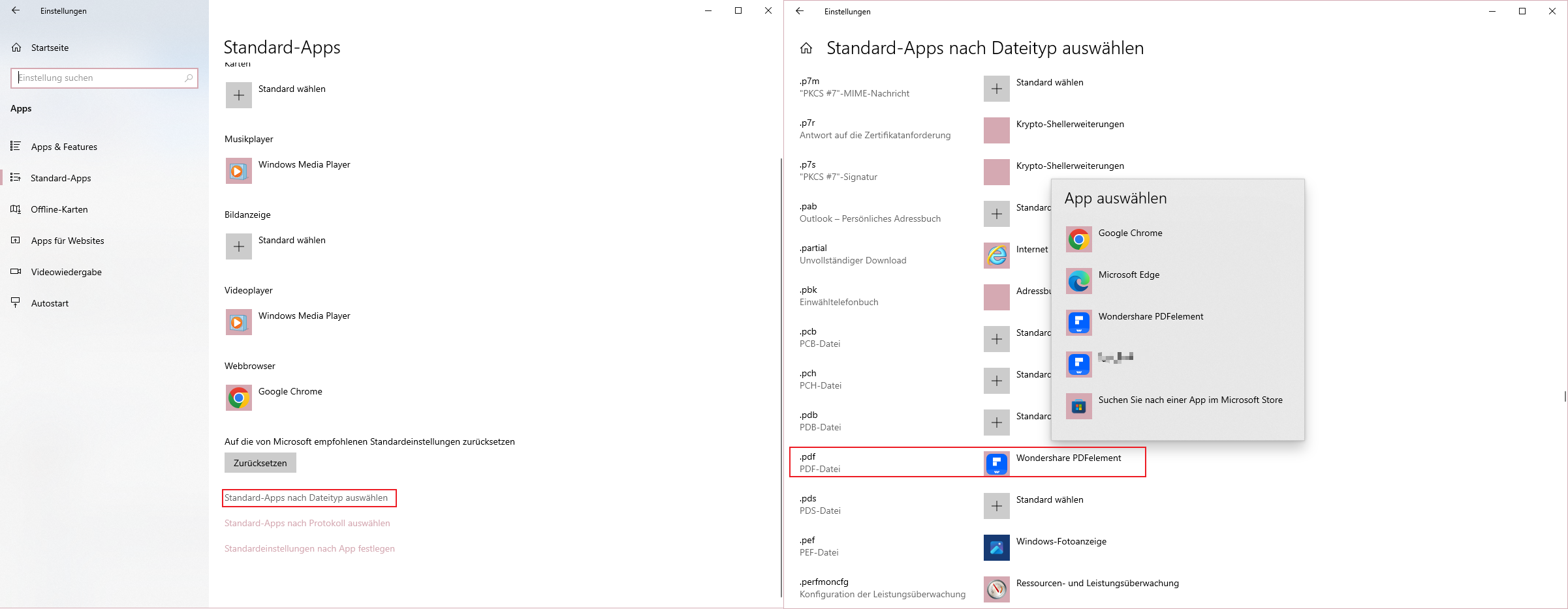 Scrollen Sie in der Standard-App-Einstellungsleiste nach unten, bis Sie „Standard-Apps nach Dateityp auswählen“ sehen. Klicken Sie darauf, suchen Sie nach .pdf und wählen Sie in der Einstellungsleiste rechts den Standard-PDF-Browser aus.