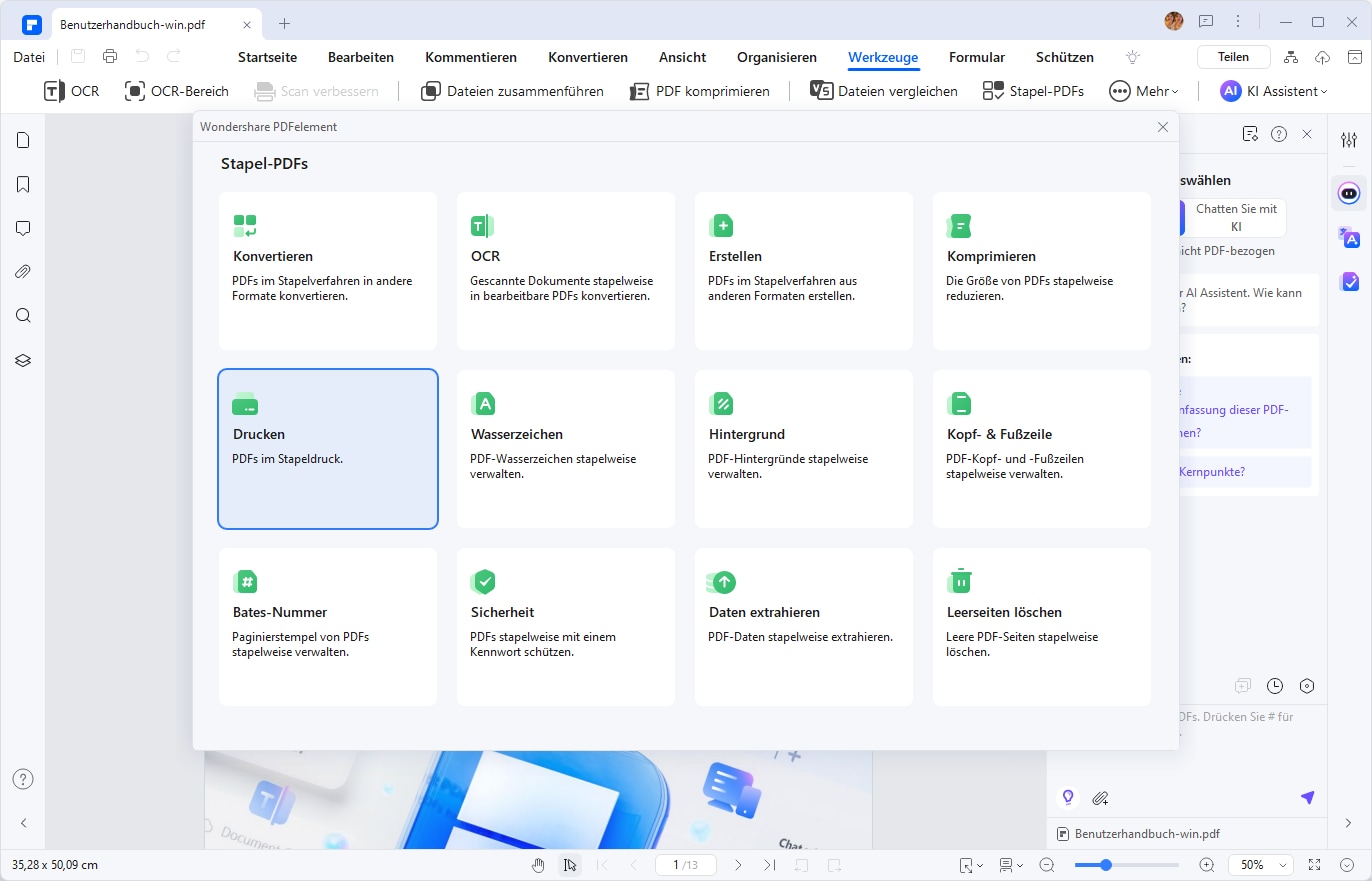 Nun öffnet sich das Fenster "Stapelmodus", und Sie müssen die Option "Drucken" am unteren Rand des Fensters auswählen. Dann können Sie die PDF-Dateien hochladen, die Sie drucken möchten. 