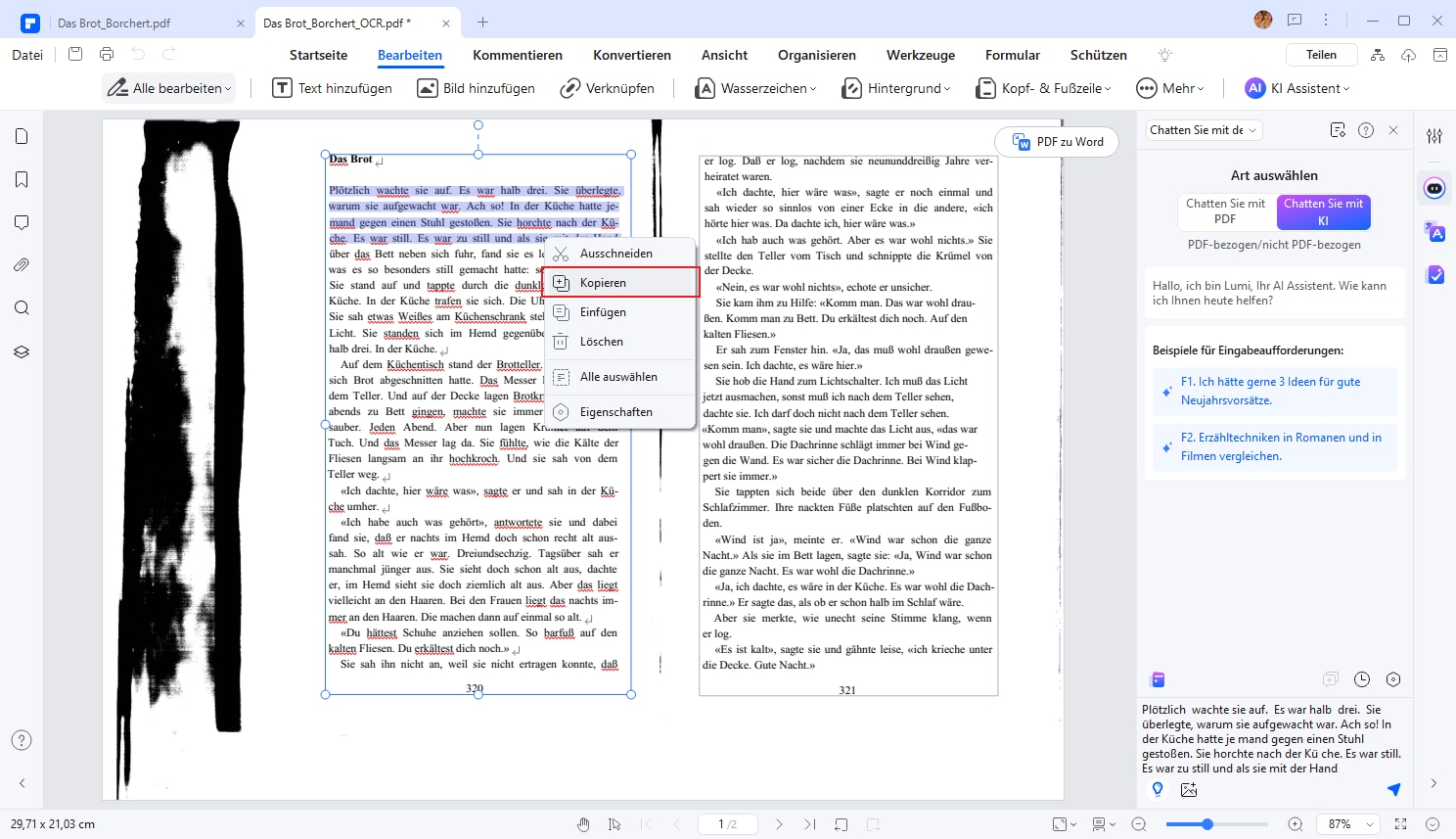 Klicken Sie oben rechts im Fenster auf die Cursorschaltfläche unten, um in den „Auswahlmodus“ zu wechseln. Wählen Sie dann den Text in der PDF-Datei aus und klicken Sie mit der rechten Maustaste darauf. Wählen Sie „Text kopieren“, um die Zieltexte aus der gescannten PDF-Datei zu kopieren.