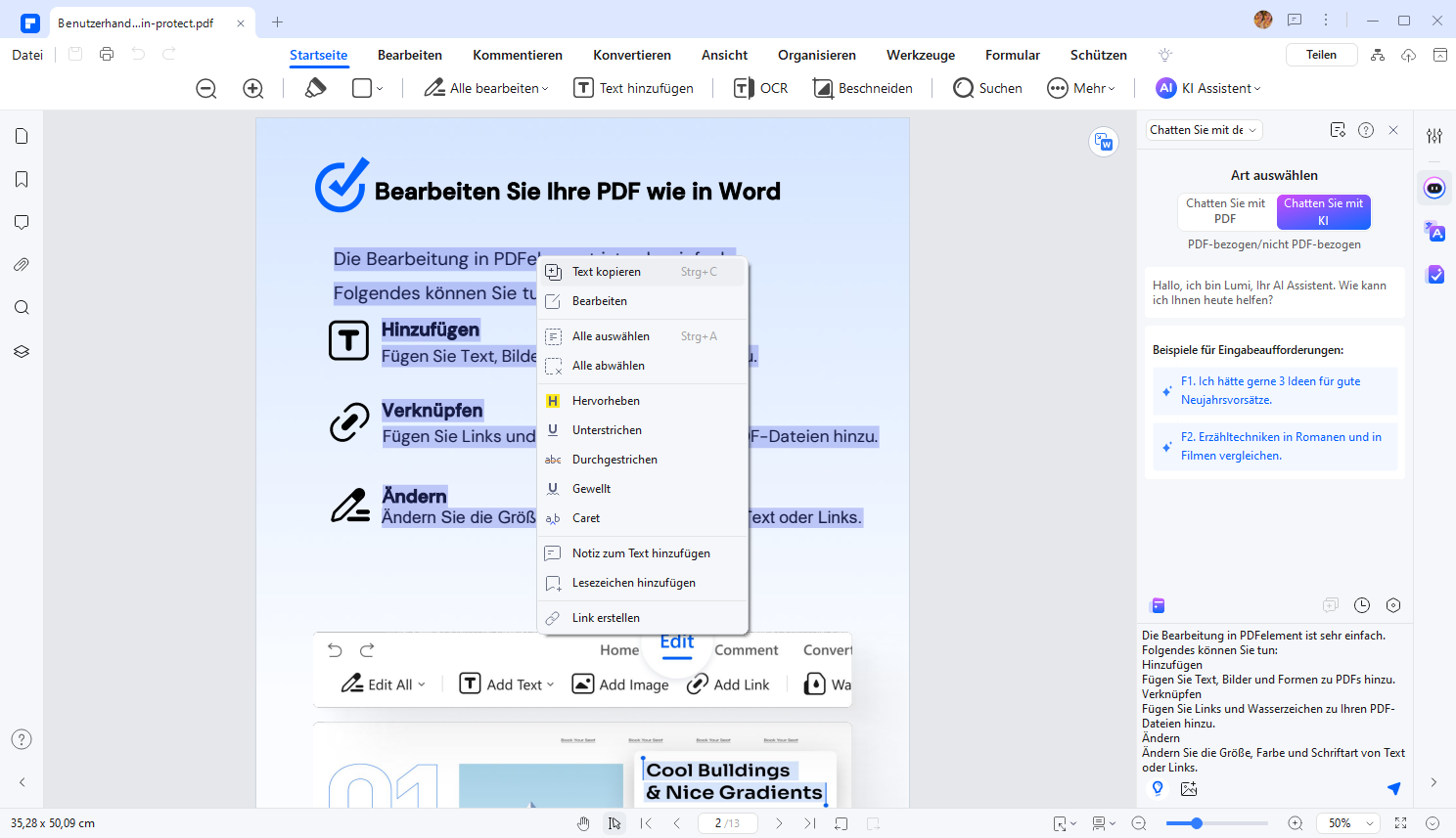 Sobald das PDF geöffnet ist, können Sie den Text auswählen und kopieren.  Klicken Sie dann mit der rechten Maustaste auf den ausgewählten Text und wählen Sie "Kopieren" aus dem Kontextmenü.