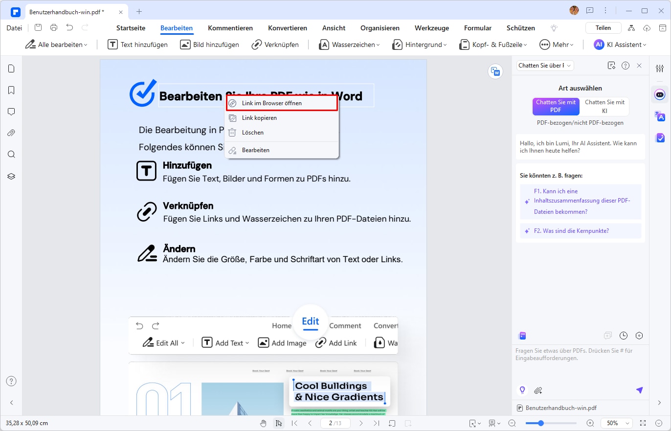 Nachdem Sie einen Link in PDF erstellt haben, können Sie Ihren Link jetzt neu positionieren und ihn dort platzieren, wo er angezeigt werden soll. Vergessen Sie nicht, die Datei zu speichern, wenn Sie fertig sind.